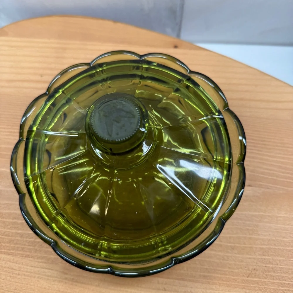 Vintage fostoria olive green coin glass covered dish ,collection by fostoria